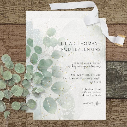 Invitation Moderne Sage Green Eucalyptus & Gold Mariage
