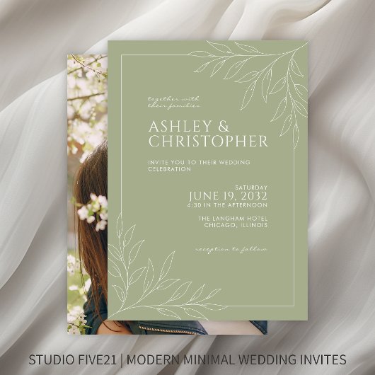 Invitation Moderne Sage Green Foliing Plan Mariage photo