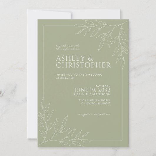Invitation Moderne Sage Green Foliing Plan Mariage photo (Devant)
