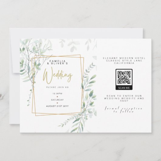 Invitation Moderne Sage Greenery Mariage QR Code RSVP Invitat (Devant)