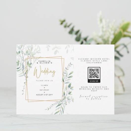 Invitation Moderne Sage Greenery Mariage QR Code RSVP Invitat (Debout devant)
