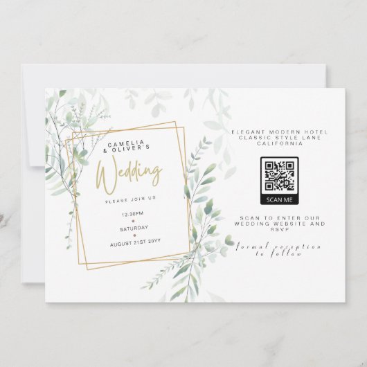 Invitation Moderne Sage Greenery Mariage QR Code RSVP Invitat (Devant)