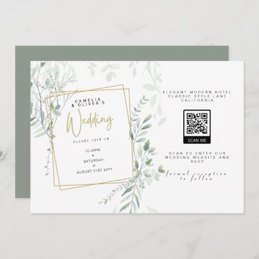 Invitation Moderne Sage Greenery Mariage QR Code RSVP Invitat (Devant / Derrière)