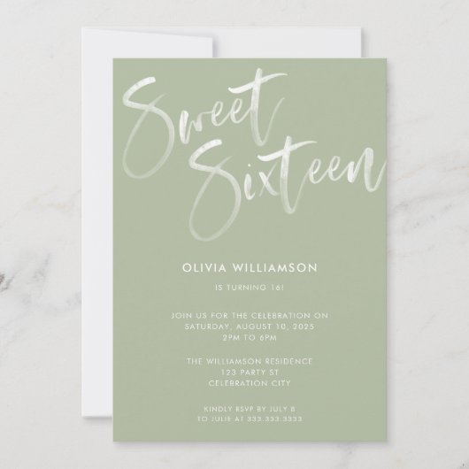 Invitation Moderne Sage Vert Brush Script Sweet 16 Anniversai (Devant)