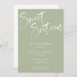 Invitation Moderne Sage Vert Brush Script Sweet 16 Anniversai<br><div class="desc">Cette Sweet sixteen fête d'anniversaire Invitation dans Sage Green avec la calligraphie moderne de brosse est un choix moderne pour une fête Sweet 16. La couleur Arrière - plan peut être changée si vous le souhaitez !</div>