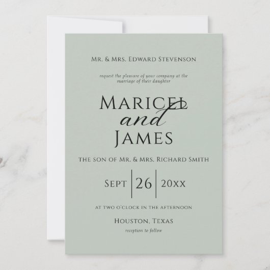 Invitation Moderne Sage Vert Simple Mariage (Devant)
