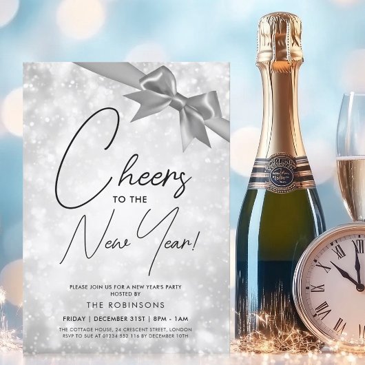Invitation MODERNE Saint-Sylvestre Argent Champagne Bokeh Nœu