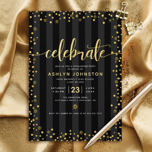 Invitation Moderne script girly de graduation en or noir pail