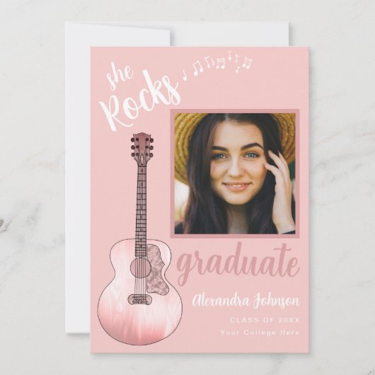 Invitation Moderne Script Gradué Photo Guitare rose (Devant)