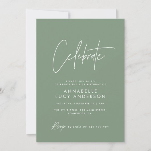 Invitation Moderne script minimal géométrique sauge vert (Devant)