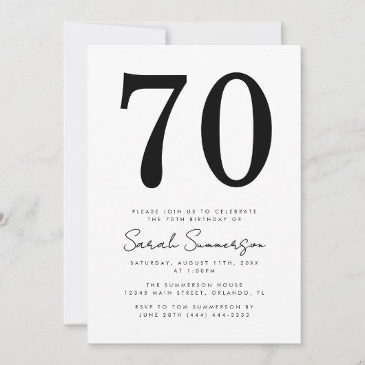 Invitation Moderne Script Noir Blanc Soixante-dix 70e Anniver (Devant)