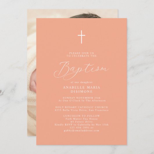 Invitation Moderne Script Peach Baby Photo Baptême (Devant / Derrière)