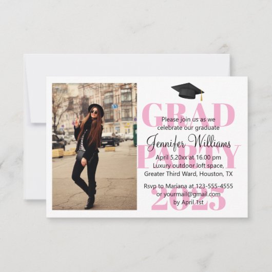Invitation moderne script rose minima grad party 2025 photo (Devant)