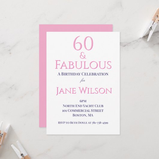 Invitation Moderne Script Rose Navy 60 Anniversaire Fabuleux (Devant/Arrière en situation)