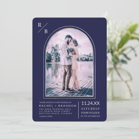 Invitation Moderne simple Arc bleu marine Mariage (Debout devant)