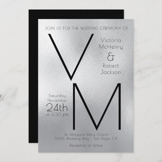 Invitation Moderne Simple Argent Faux Foil Initiales Mariage