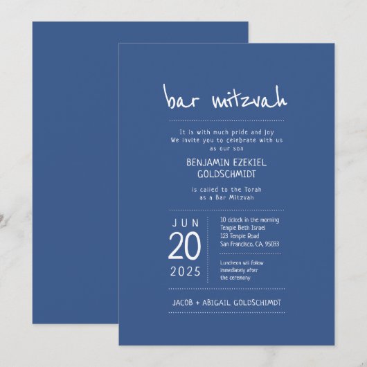 Invitation Moderne + Simple Bar Mitzvah (Devant / Derrière)