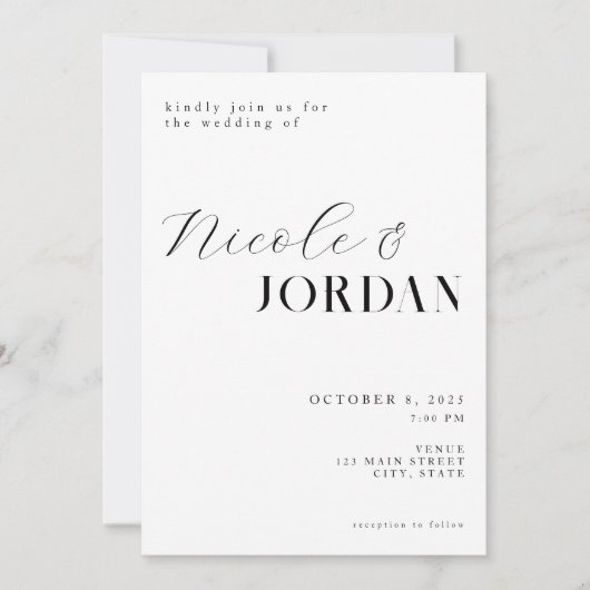 Invitation Moderne Simple Chic Mariage noir et blanc (Devant)