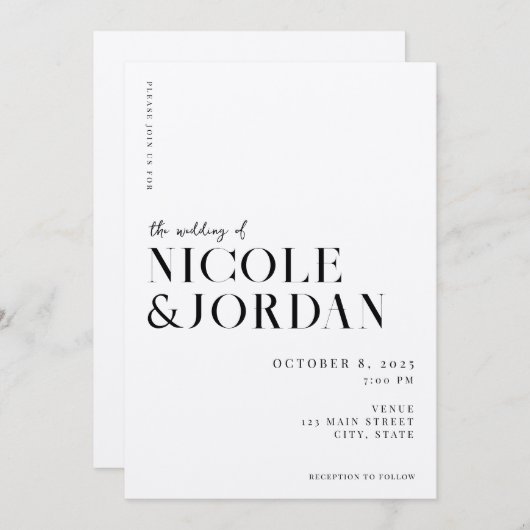 Invitation Moderne Simple Chic Noir et Mariage Ecru (Devant / Derrière)