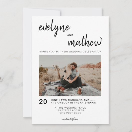 Invitation Moderne simple décontracté noir blanc mariage phot (Devant)