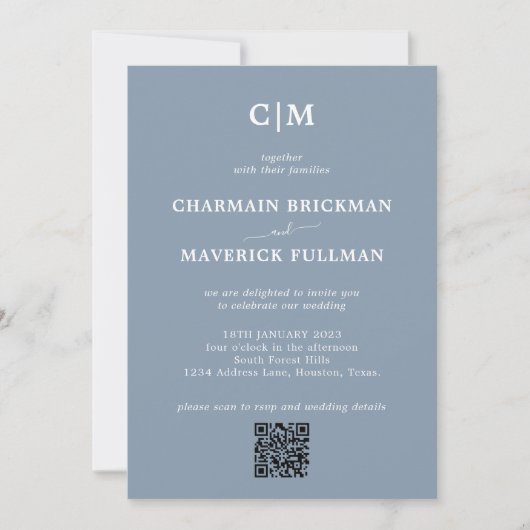 Invitation Moderne simple Dusty Blue Monogram Mariage de code (Devant)