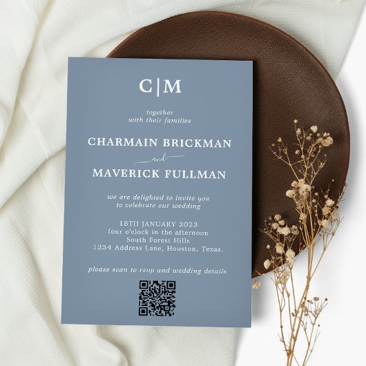 Invitation Moderne simple Dusty Blue Monogram Mariage de code