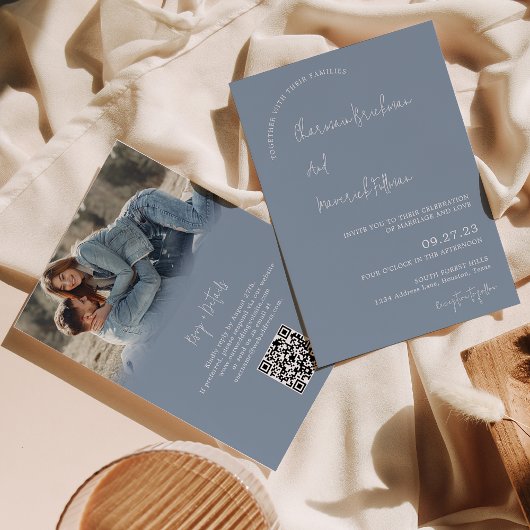 Invitation Moderne simple Dusty Blue RSVP QR code Mariage