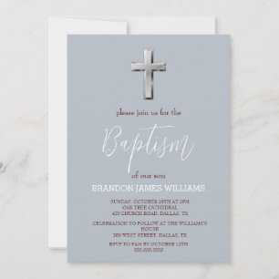 Invitation Moderne Simple élégant Croix Bleue Dusty Baptême