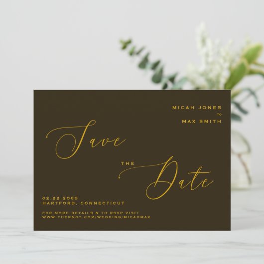 Invitation Moderne simple Enregistrer la date Brown & Or (Debout devant)