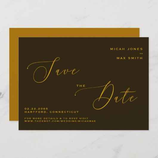 Invitation Moderne simple Enregistrer la date Brown & Or (Devant / Derrière)