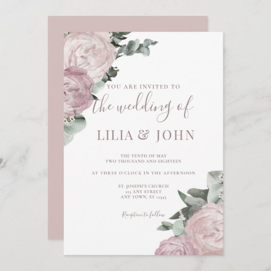 Invitation Moderne simple Floral Blush Dusty Mariage Rose (Devant / Derrière)
