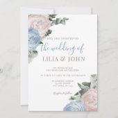 Invitation Moderne Simple Floral Dusty Bleu et Mariage Rose (Devant)