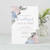 Invitation Moderne Simple Floral Dusty Bleu et Mariage Rose (Debout devant)