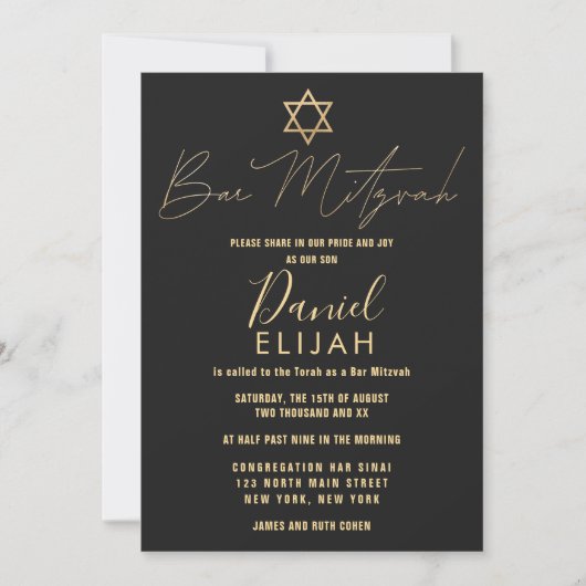 Invitation Moderne Simple Gold Black Star Bar Mitzvah (Devant)