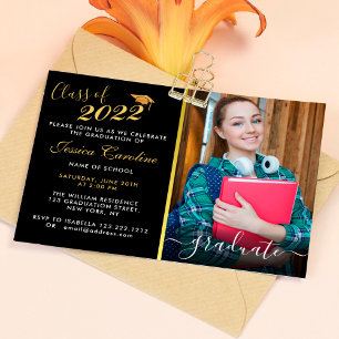 Invitation Moderne Simple Gold Script Graduation Avec Photo