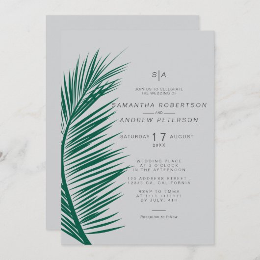 Invitation Moderne simple gris feuille de palme doux chic mar (Devant / Derrière)