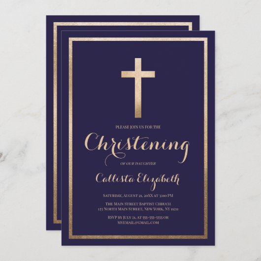 Invitation Moderne Simple Marine Gold Cross Border Christing (Devant / Derrière)