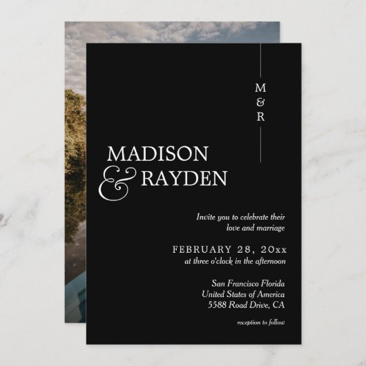 Invitation Moderne Simple Noir Blanc Monogramme Photo Mariage (Devant / Derrière)