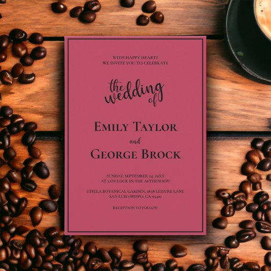 Invitation Moderne Simple Noir Script Magenta Elégant Mariage