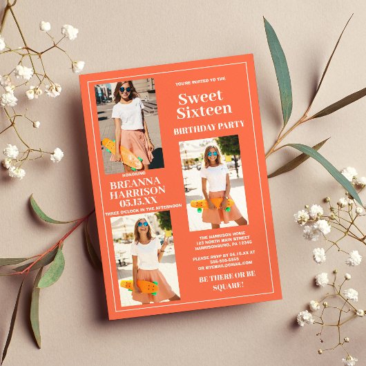 Invitation Moderne Simple Orange Blanc Photo Seize Ans