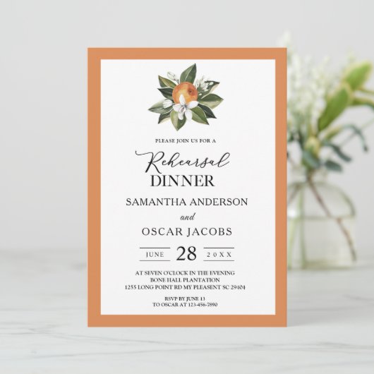Invitation Moderne simple orange et feuille verte (Debout devant)