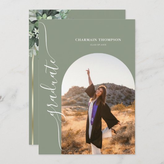 Invitation Moderne Simple Photo Sage Green Graduation (Devant / Derrière)