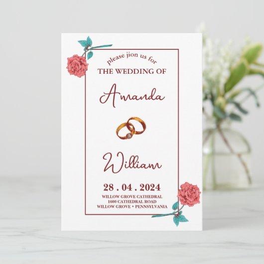 Invitation moderne simple romantique Elegant anneaux Mariage (Debout devant)