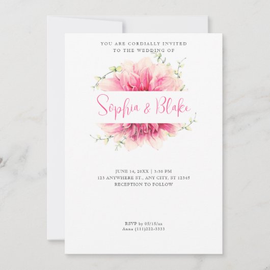 Invitation Moderne simple rose Floral encadré blanc Mariage (Devant)