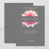 Invitation Moderne simple rose Floral encadré Mariage gris (Devant / Derrière)