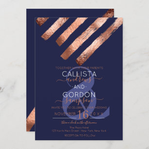 Invitation Moderne Simple Rose Gold Navy Brushstrokies Mariag