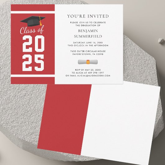 Invitation Moderne Simple Rouge Blanc Graduation 2025