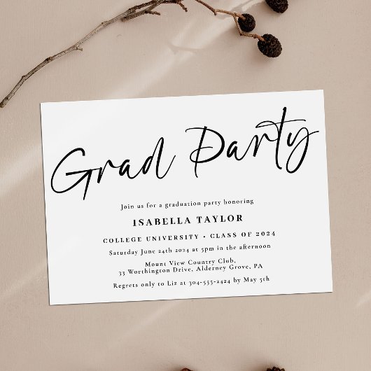 Invitation Moderne Simple Script Black White Graduation Party
