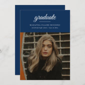 Invitation Moderne Simple Script Blue Photo Graduation (Devant / Derrière)