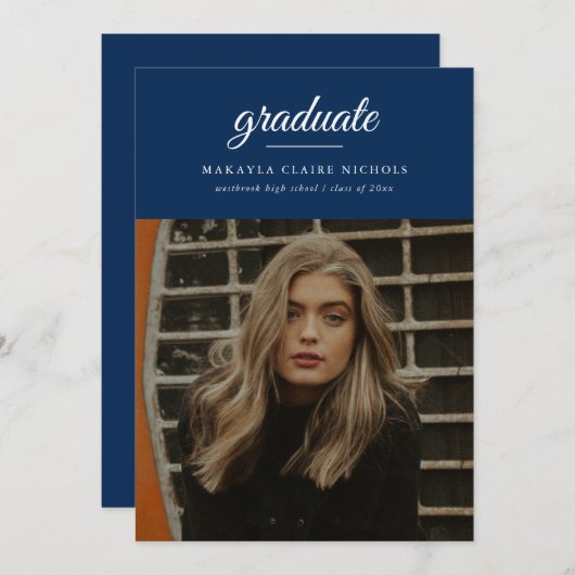 Invitation Moderne Simple Script Blue Photo Graduation (Devant / Derrière)